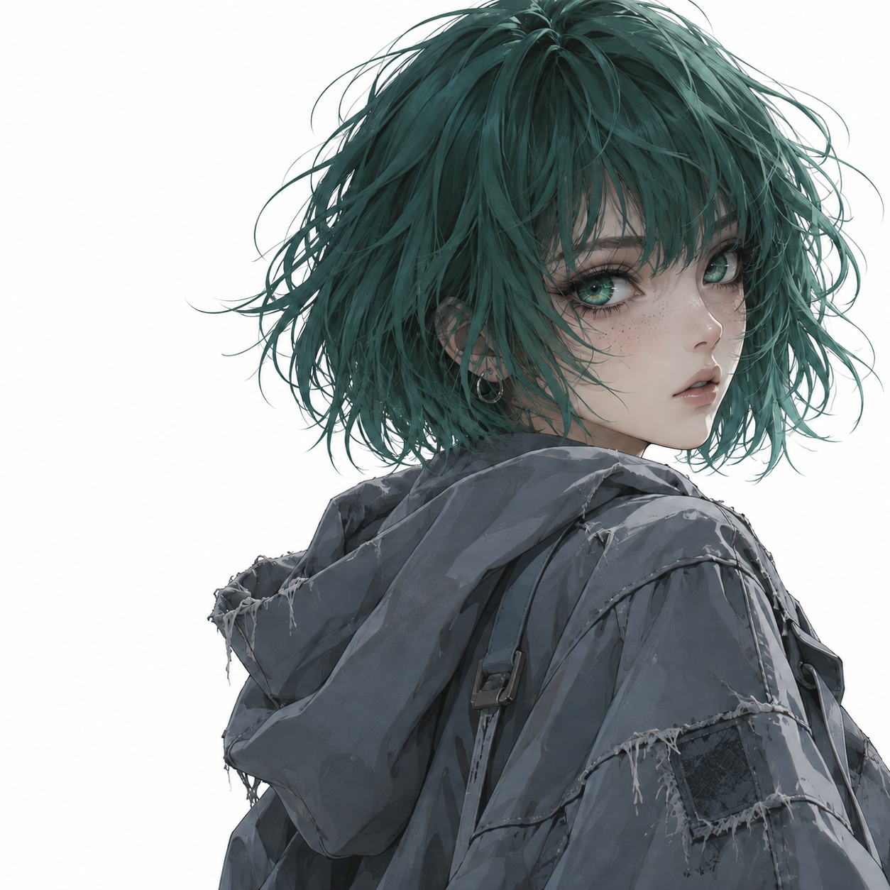 青灰の羽織で振り向くMOTOHAのイラスト